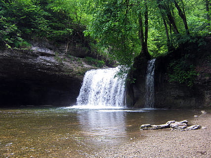 raging waterfalls surrounded by trees, hérisson, pool, flow HD wallpaper