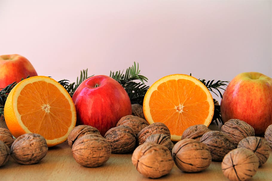 brown nut, lemon fruits, and red apples, nuts, delicious, healthy HD wallpaper