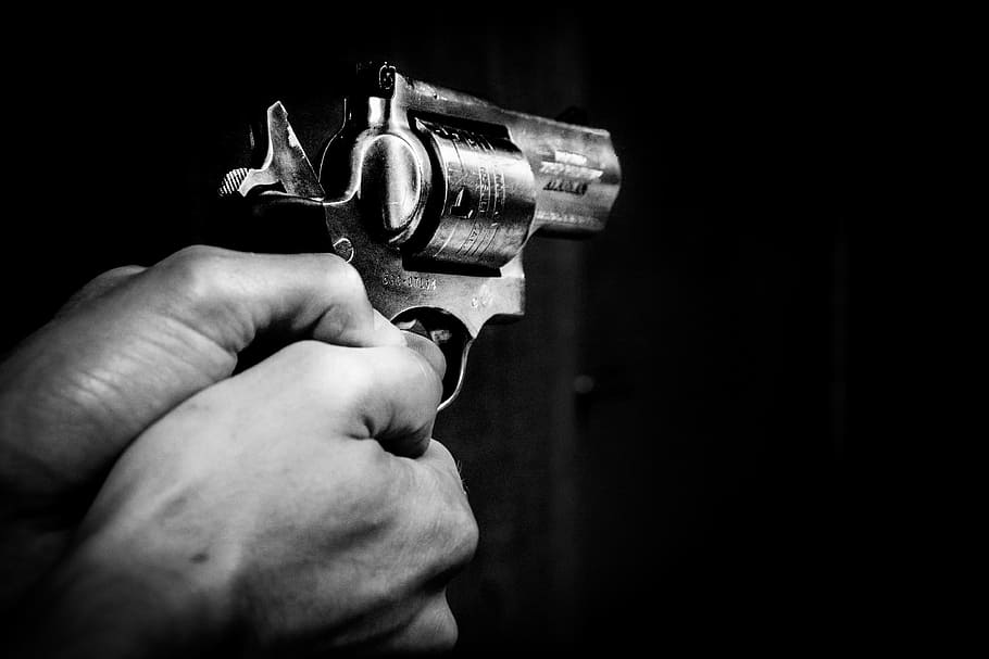 HD wallpaper: grayscale photo of person holding revolver pistol, gun, hands  | Wallpaper Flare