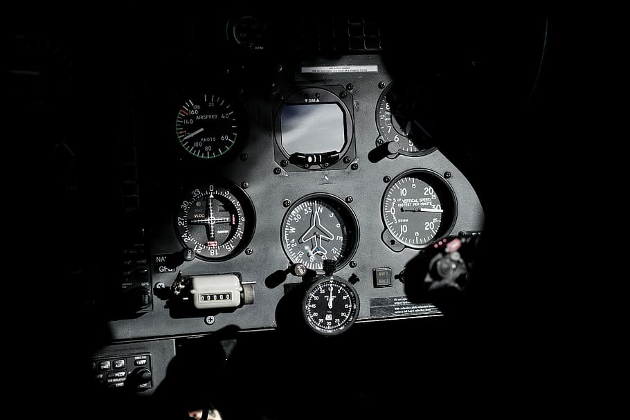 black and gray cockpit dashboard, grayscale photo of aircraft's control panel HD wallpaper