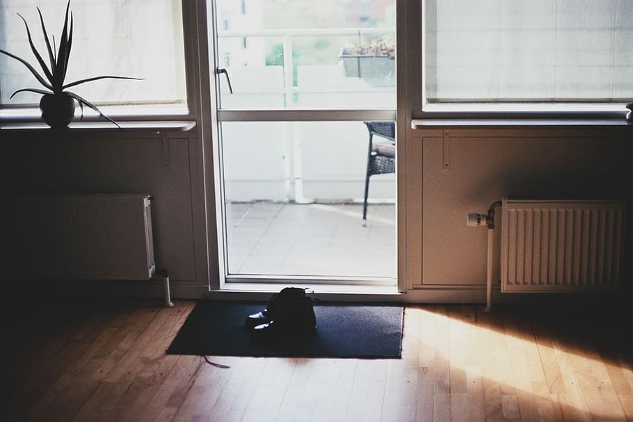 black puppy on door mat inside room, pair of black shoes on rug beside door HD wallpaper