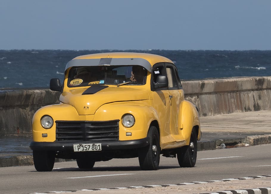 cuba, havana, almendron, malecon, car, classic, yellow, taxi, HD wallpaper