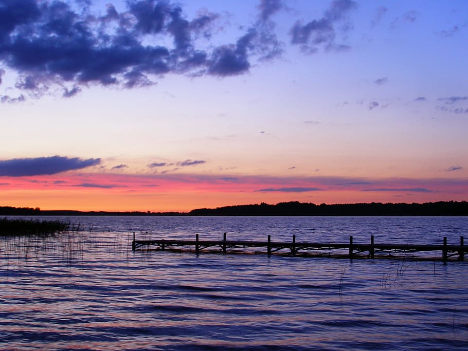masuria, sunset, lake, bridge, clouds, sky, landscape, holidays HD wallpaper