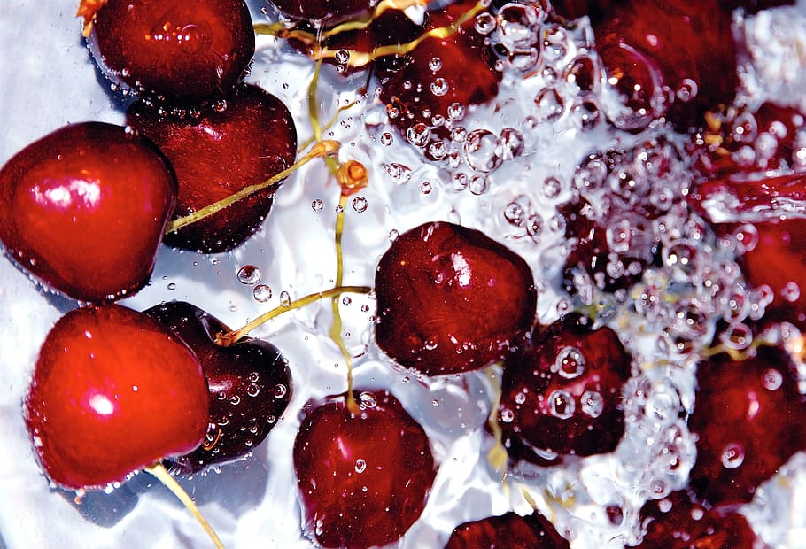 fruit, dessert, food, cherry, snack, food motion, water, clean HD wallpaper