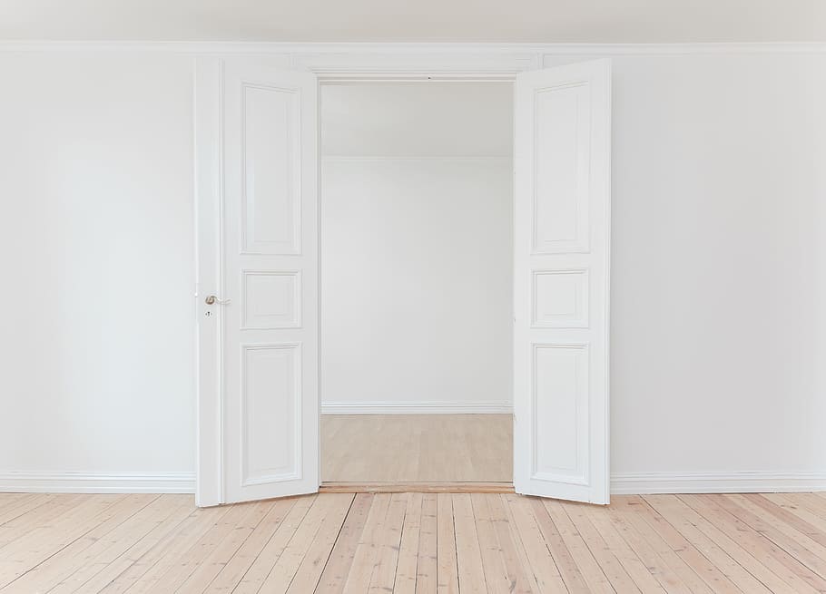 opened white wooden 3-panel door, interior, indoor, wall, floor