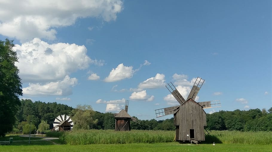 Windmill, Clouds, Landscape, Nature, sky, grass, field, farm HD wallpaper
