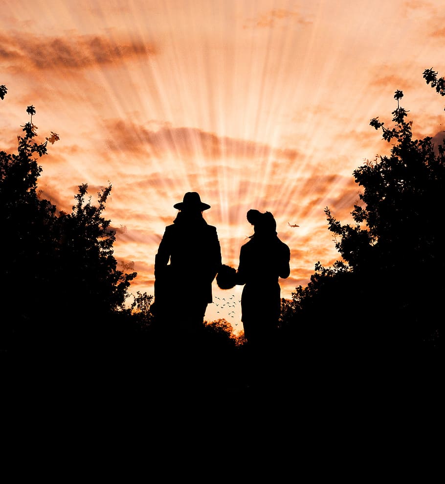 Silhouette Photo of Man and Woman Wearing Hat Standing Between Trees during Golden Hour HD wallpaper