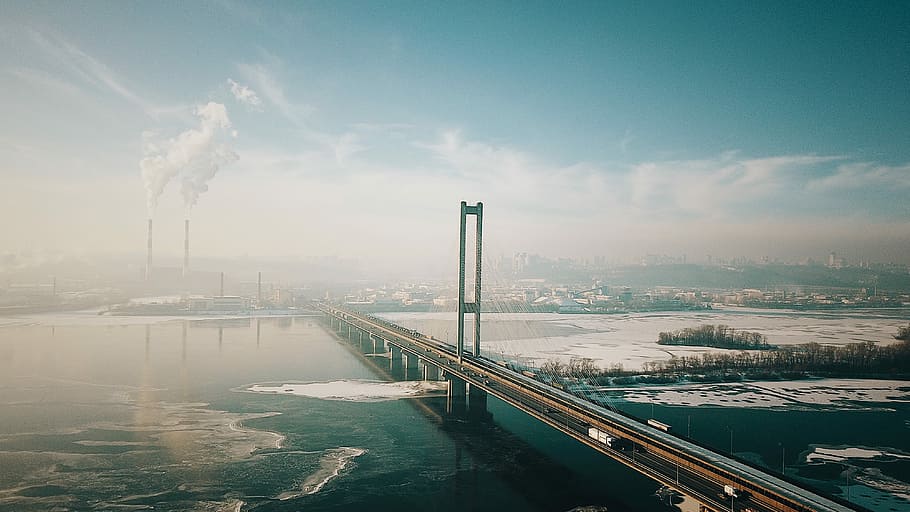 Industrial city, suspension bridge photography, road, water, river HD wallpaper