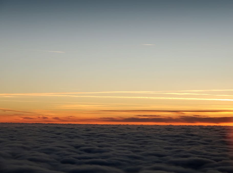Sky, Sunset, Cloud, View, Sunny, aircraft, contrail, yellow HD wallpaper