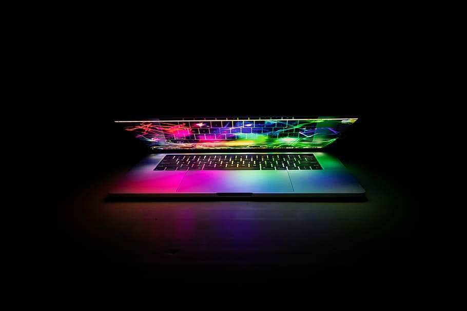 grey laptop, black and gray laptop computer, macbook, dark, illuminated HD wallpaper