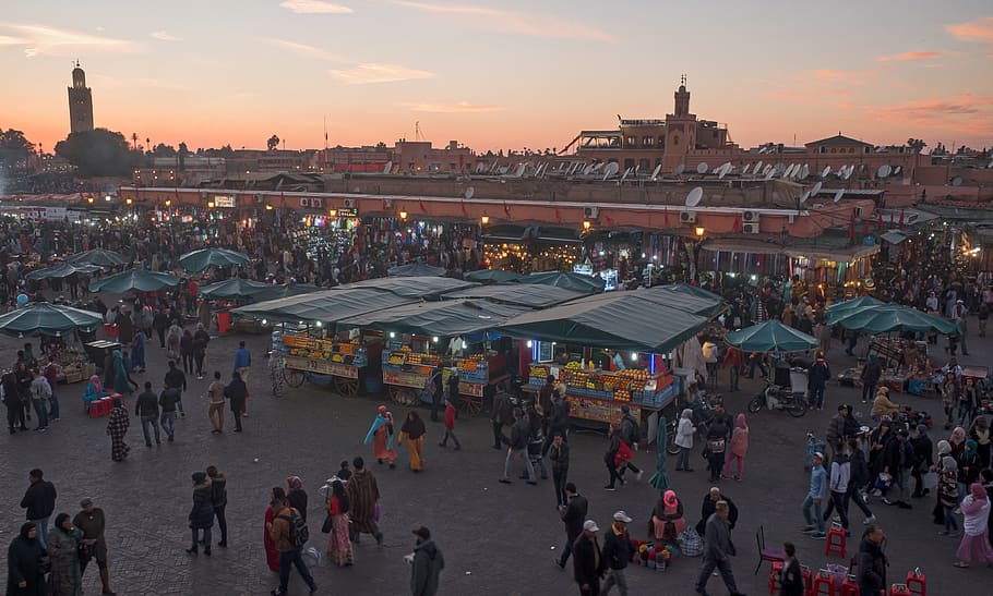 people near buidlings, Morocco, Oriental, marrakech, architecture HD wallpaper