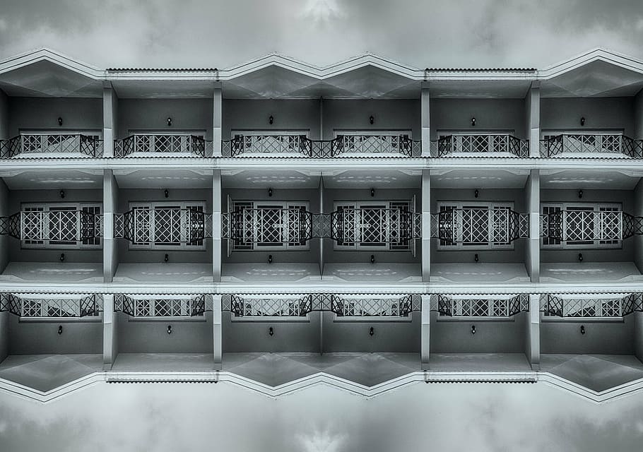 architecture, clouds, house, surreal, surrealism, symmetry HD wallpaper