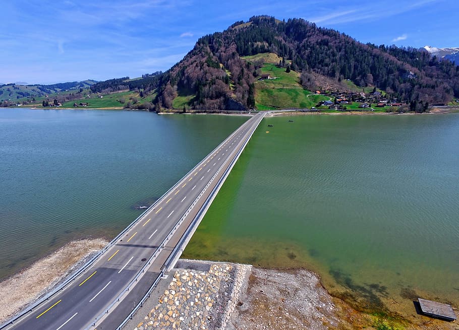 bridge during daytime, gray concrete bridge, road, river, lake HD wallpaper