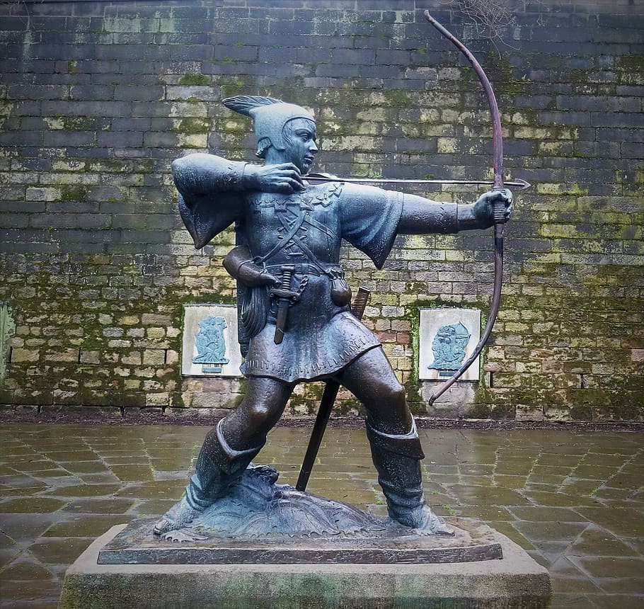 robin hood, bow and arrow, nottingham castle, statue, bronze