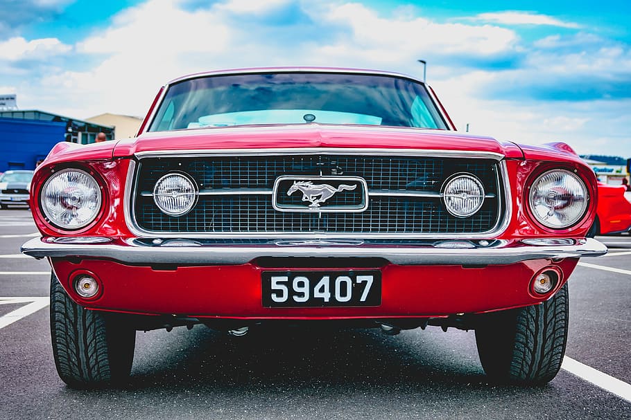 Hd Wallpaper Red Ford Mustang Parked On Parking Lot Auto Vehicle Oldtimer Wallpaper Flare