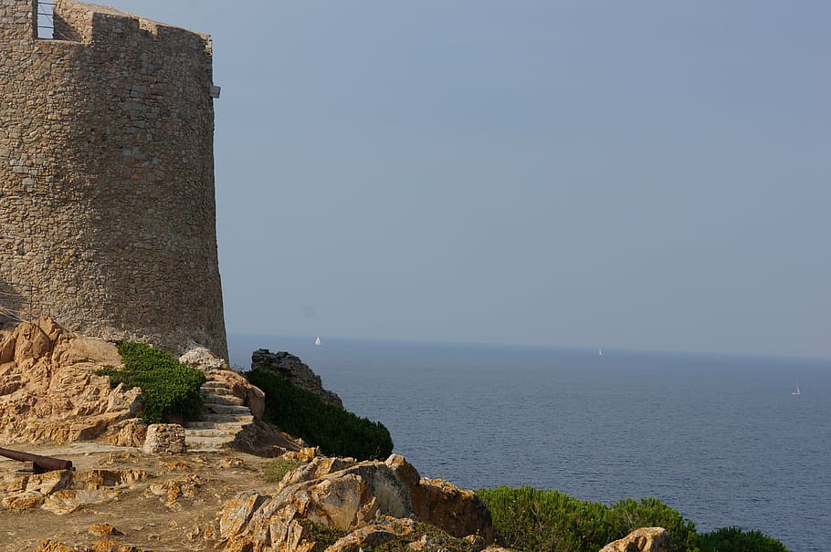 tower, sea, coast, castle, old, water, sky, horizon over water HD wallpaper