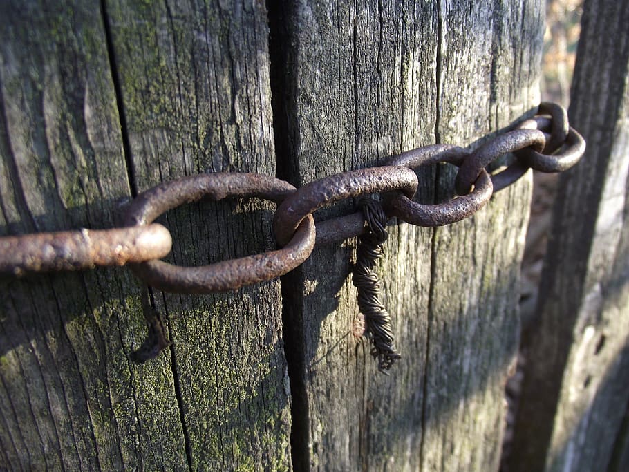 Chain, Tree, Wire, Boards, Macro, Rust, old age, metal, wood - material HD wallpaper
