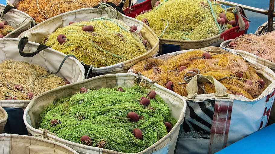 cyprus, liopetri, potamos, fishing, nets, container, food and drink