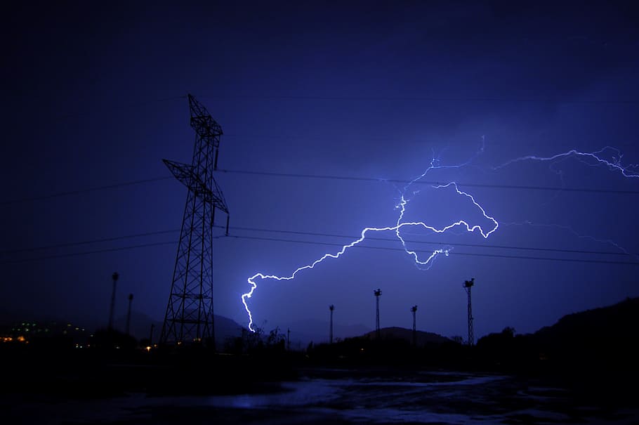 transmission tower at night, lightning, ray, storm, sky, shadows HD wallpaper