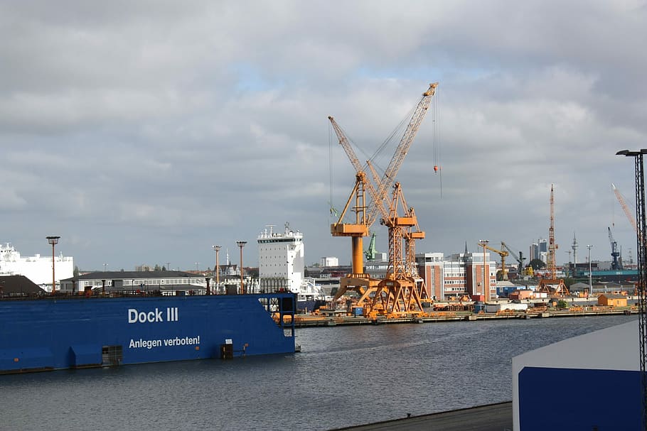 Port, Bremen, Cranes, bremerhafen, port facility, water, sea, HD wallpaper