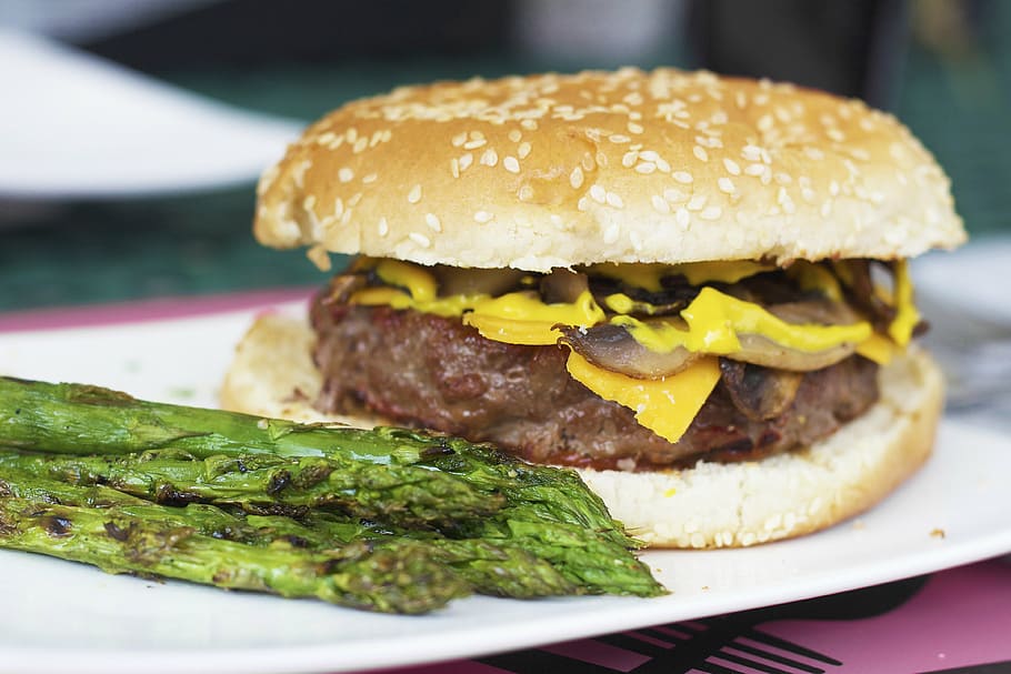 cheese burger on plate, grill, grilled, hamburger, meal, barbeque HD wallpaper