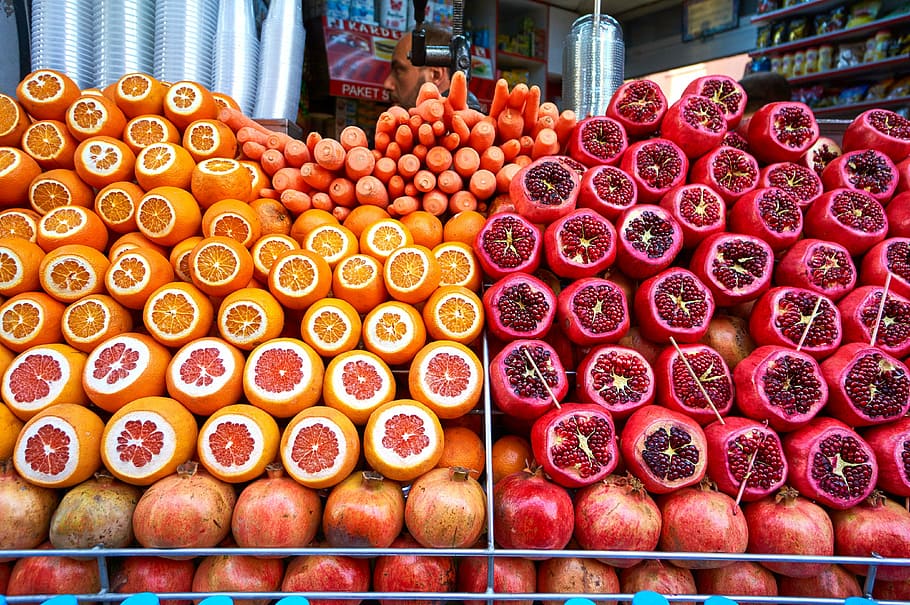 orange and Pomegranate lot in gray shelf, fruit, red, sour HD wallpaper