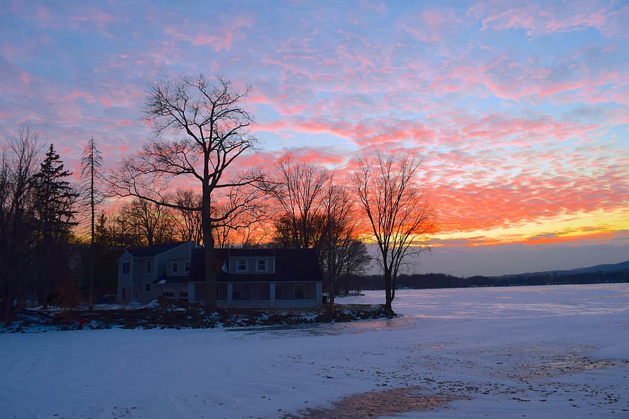 sunset, winter, house, lake, frozen, landscape, ice, clouds HD wallpaper
