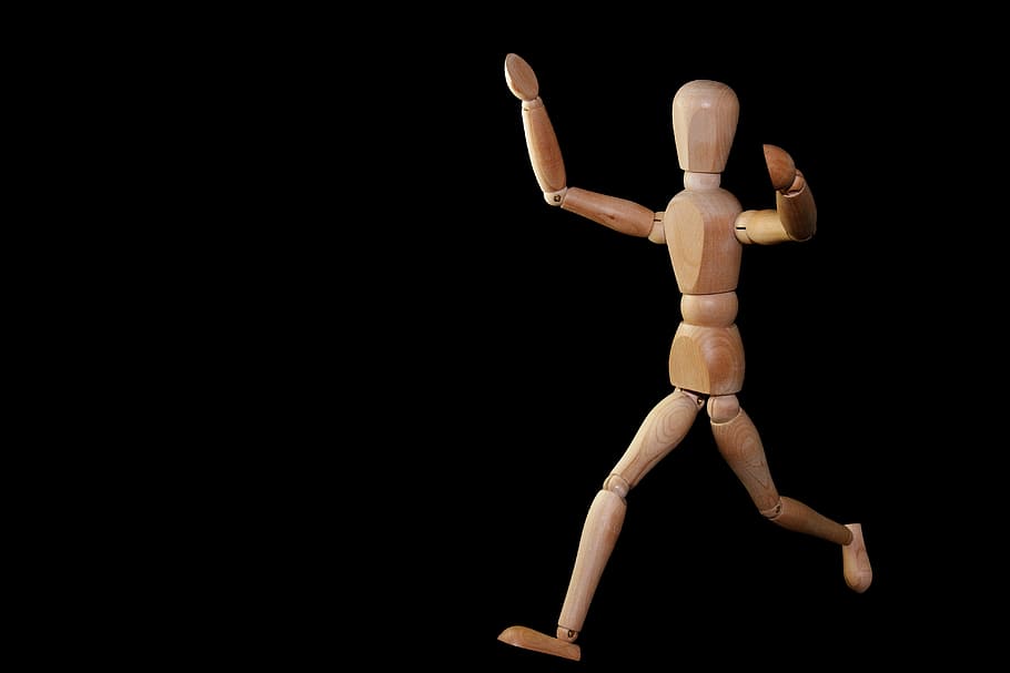 brown wooden action figure, man, run, joy, welcome, arrive, doll