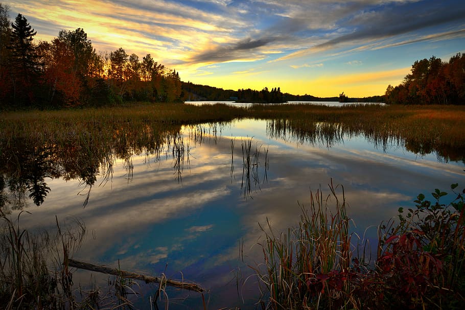 sunset, landscape, nature, twilight, evening, sky, colors, lake HD wallpaper