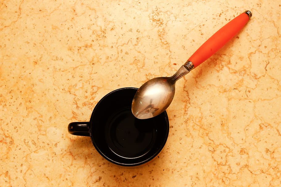 Coffee, Cup, Spoon, Breakfast, Drink, colors, black, orange HD wallpaper