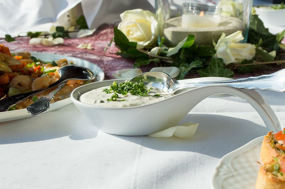 dip, eat, snack, festive, spoon, starter, gourmet, herbs, frisch HD wallpaper