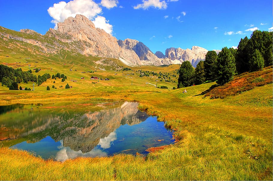 landscape photography of body of water surrounded by grass near mountain, HD wallpaper