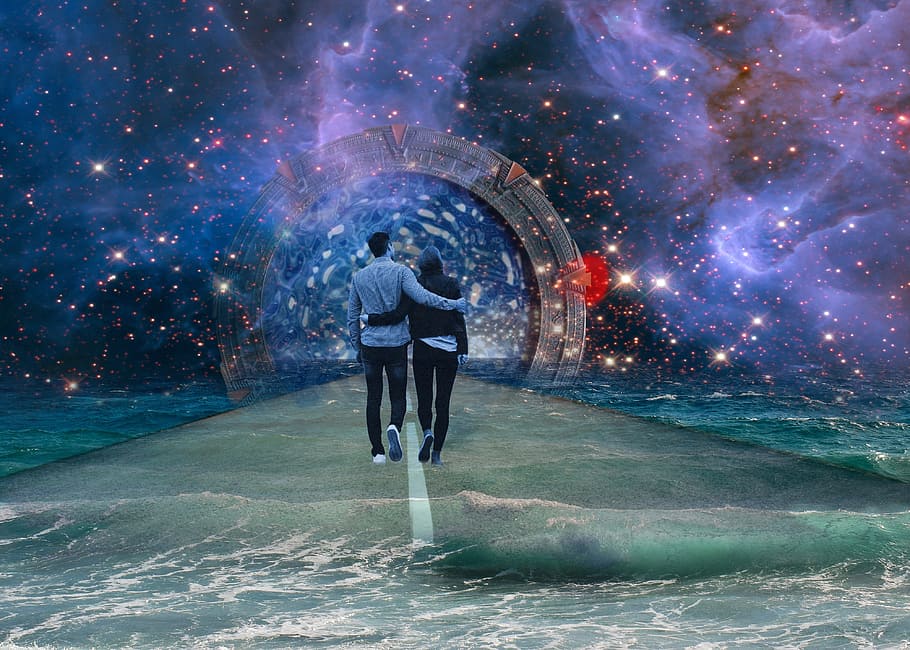 couple walking towards road, stargate, himmelstor, science fiction, HD wallpaper