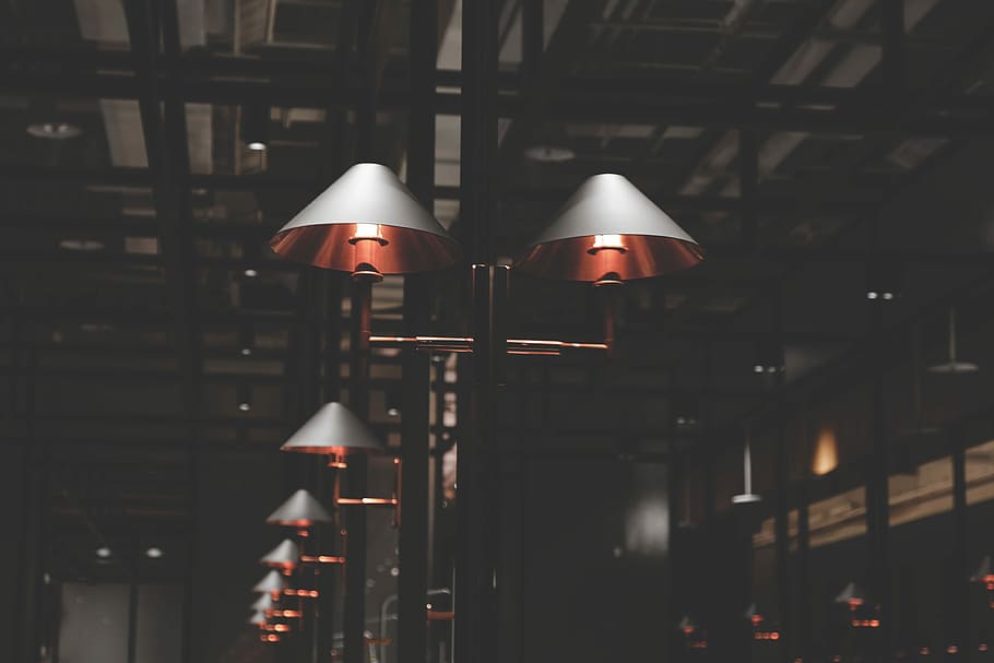 building interior with pendant lamps, gray pedant lamps, dark HD wallpaper