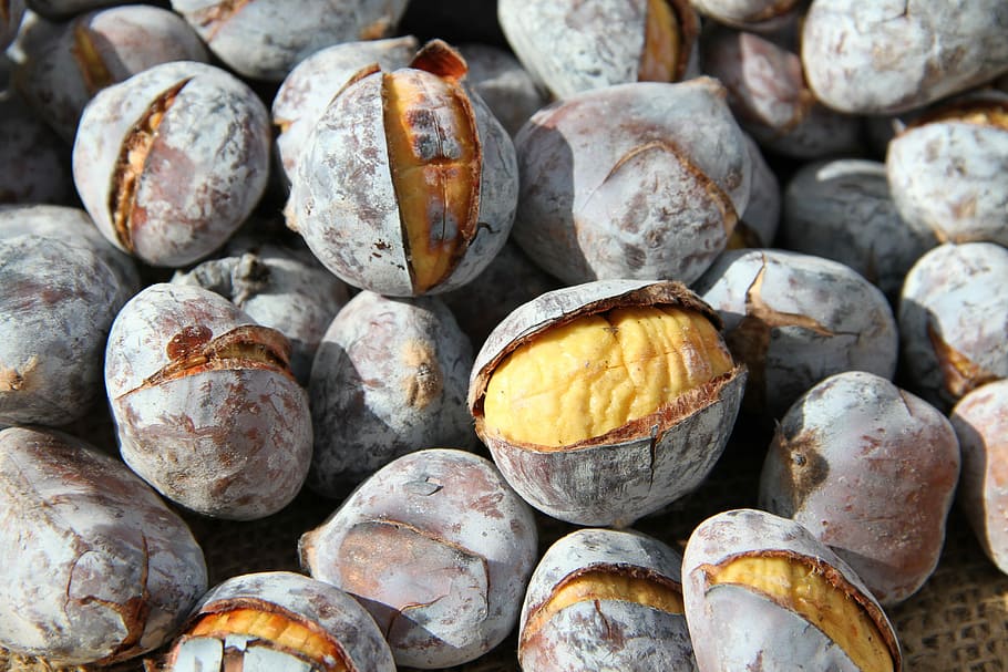 chestnuts, roasted chestnuts, large group of objects, food
