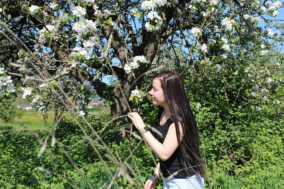 Laugh, Sun, Friendly, joy, happy, flowers, tree, one woman only HD wallpaper