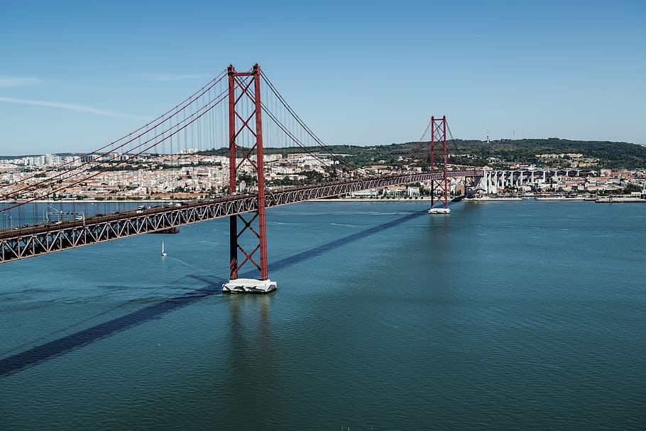 red suspension bridge, abril, lisbon, lisboa, portugal, tejo, HD wallpaper