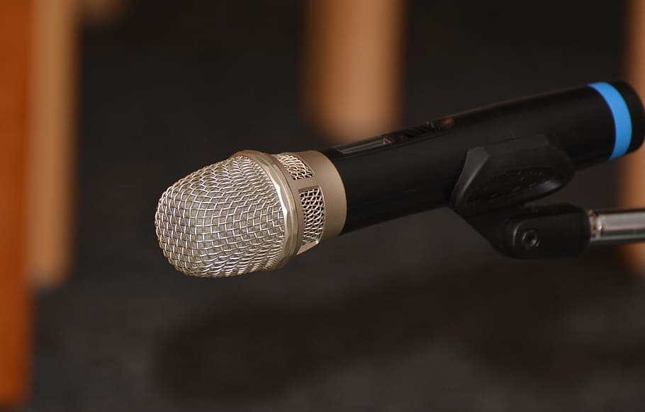 black and blue microphone, technology, talk, grid, metallic HD wallpaper