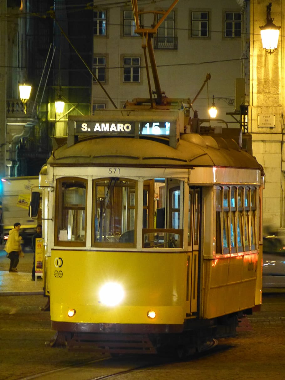 Lisbon, Tram, Drive, Transporting, Night, transporting night HD wallpaper