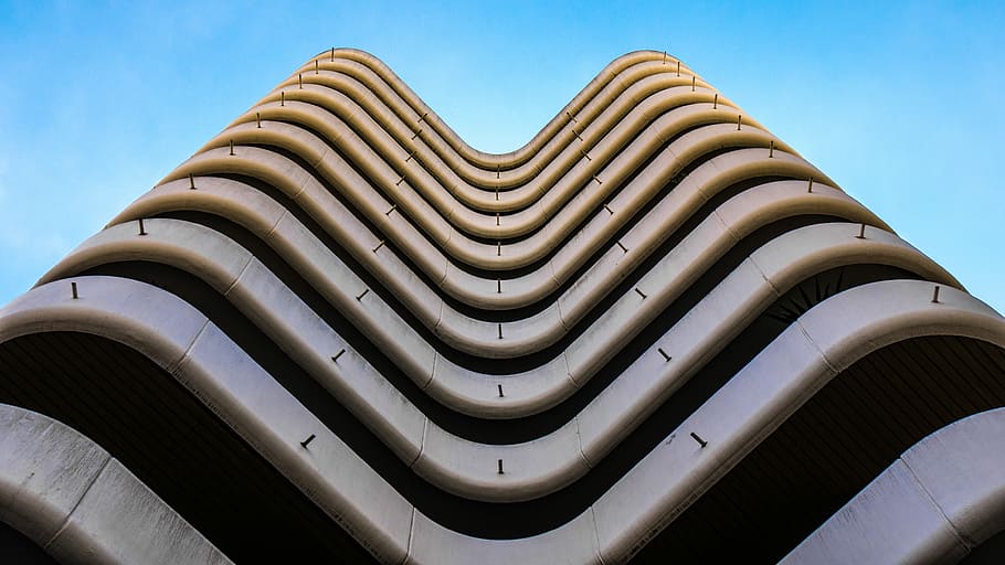 bottom view of building, worm's eye view of concrete tower, sky HD wallpaper