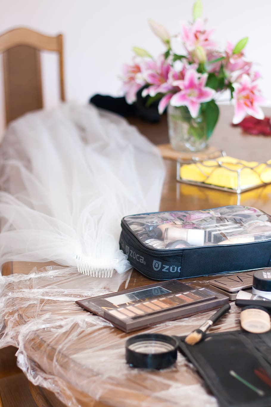 makeup palette on table, bridal, veil, wedding, before, still life