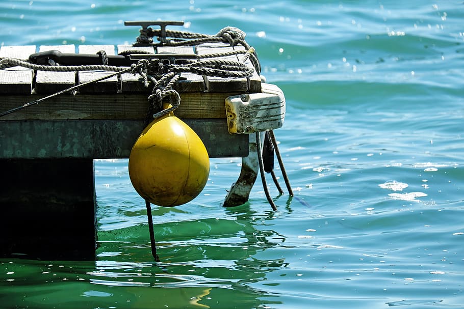 yellow buoy hanging on dock, boje, plastic, jetty, ropes, water HD wallpaper