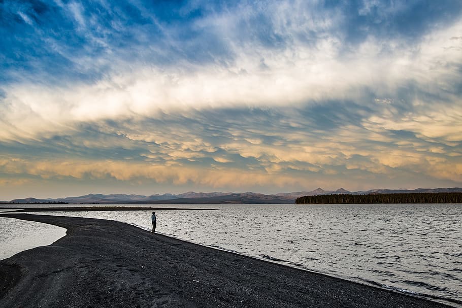 photo of person standing on sandbar while looking on body of water during daytime HD wallpaper