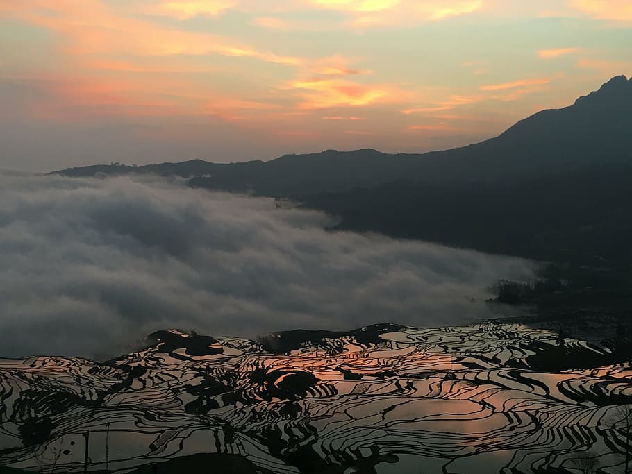 yuanyang rice terraces, sunrise, cloud, sky, beauty in nature, HD wallpaper
