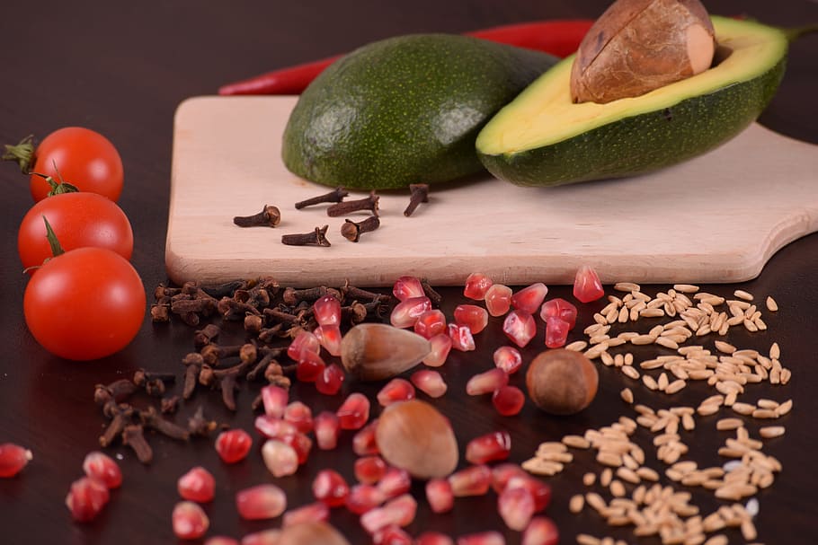 almonds, tomato, avocado, nuts, pepper, seeds, food, nutrition HD wallpaper
