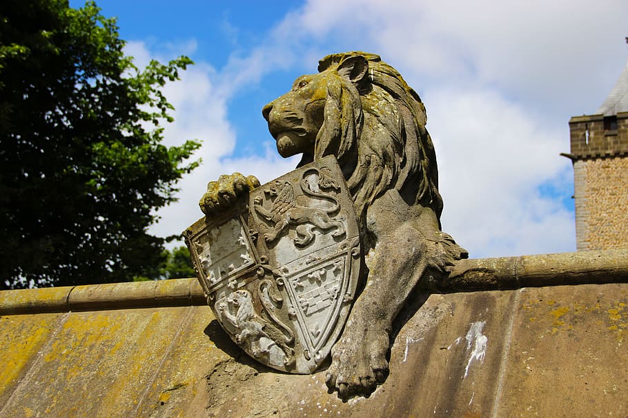 brown lion holding a shield statue, Stone Sculpture, Lion, Sculpture, HD wallpaper