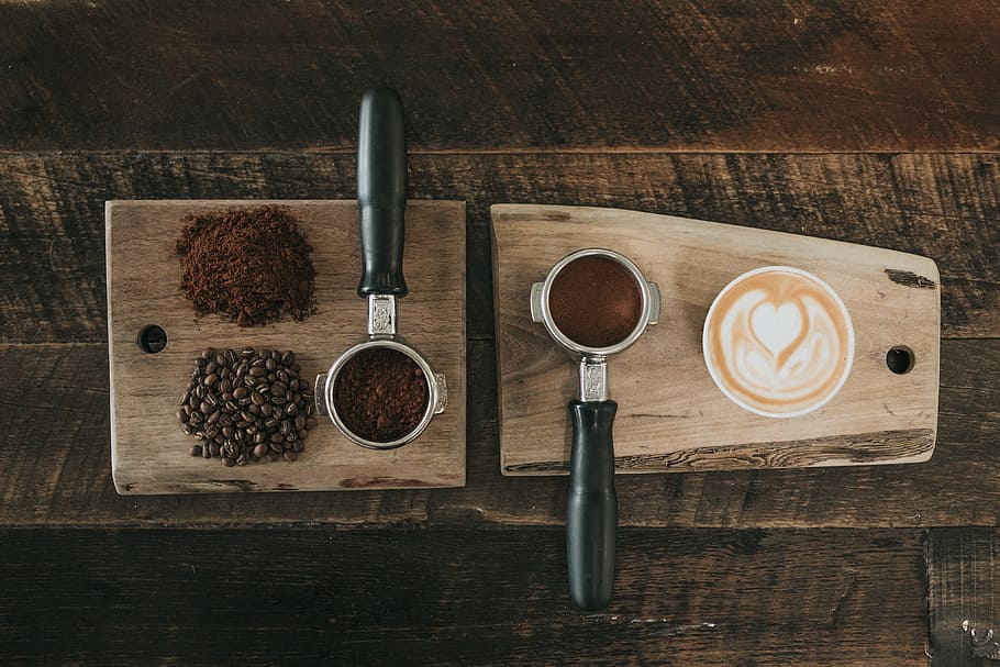 coffee lathe, coffee pots, and coffee beans, seed, powder, wooden HD wallpaper