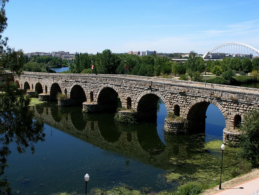 merida, construction, architecture, river, bridge, water, stone HD wallpaper