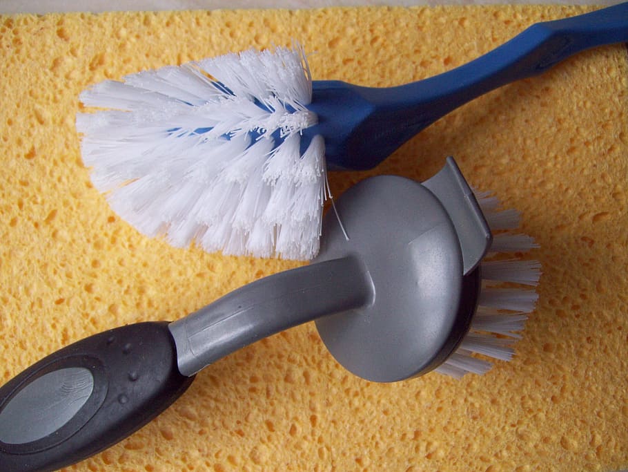 blue and gray plastic brush, brushes, sponge, kitchen, cleaning HD wallpaper