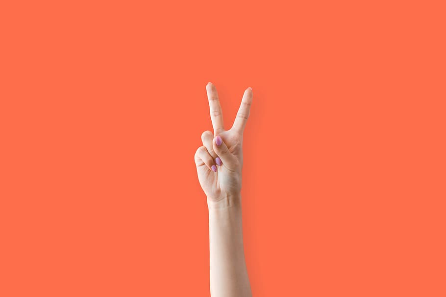Peace Hand Sign Two Fingers Up Woman, good, hands, orange, positive